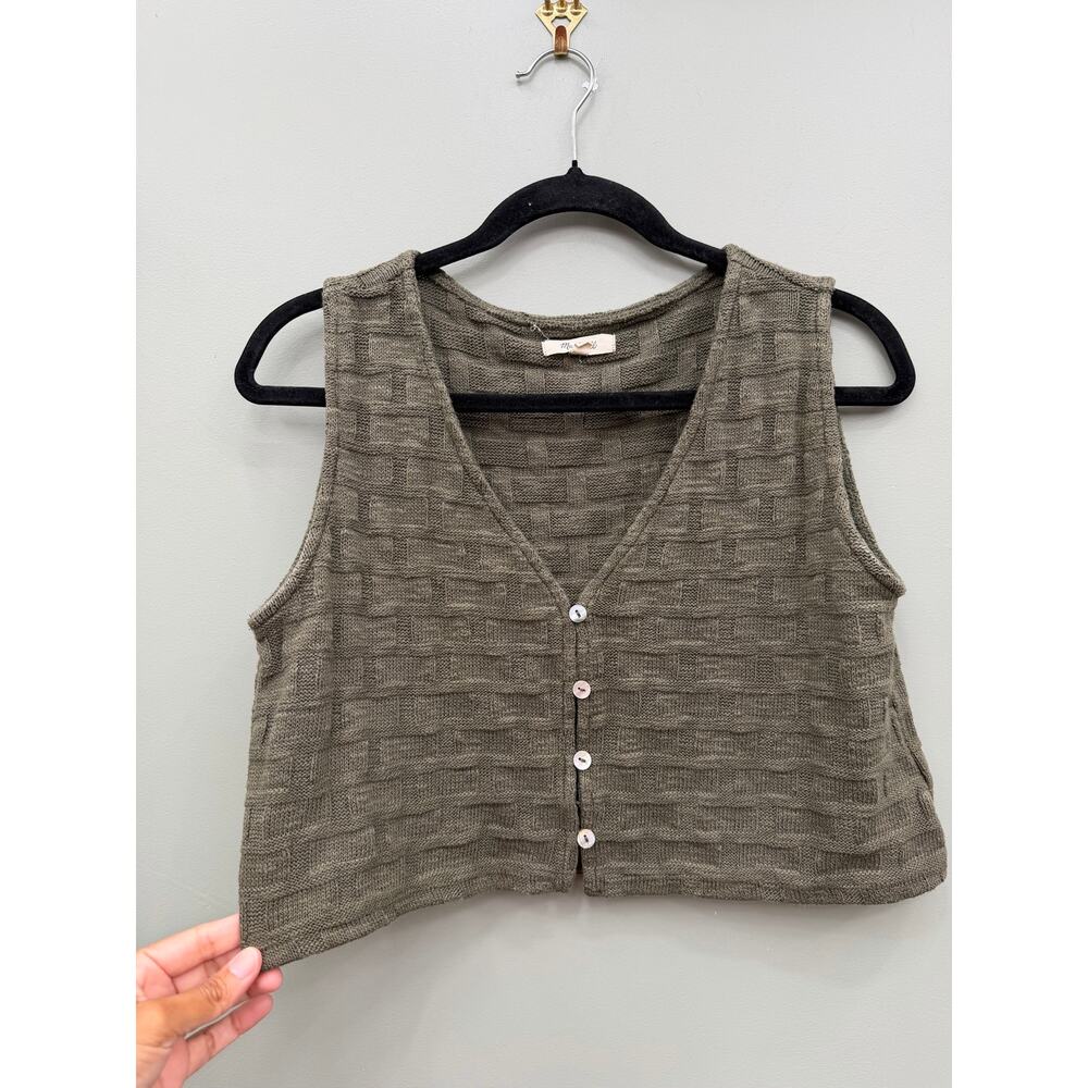 Madewell Basketweave Sweater Vest M Olive Cropped Button Front Knit NN249 - Picture 2 of 6